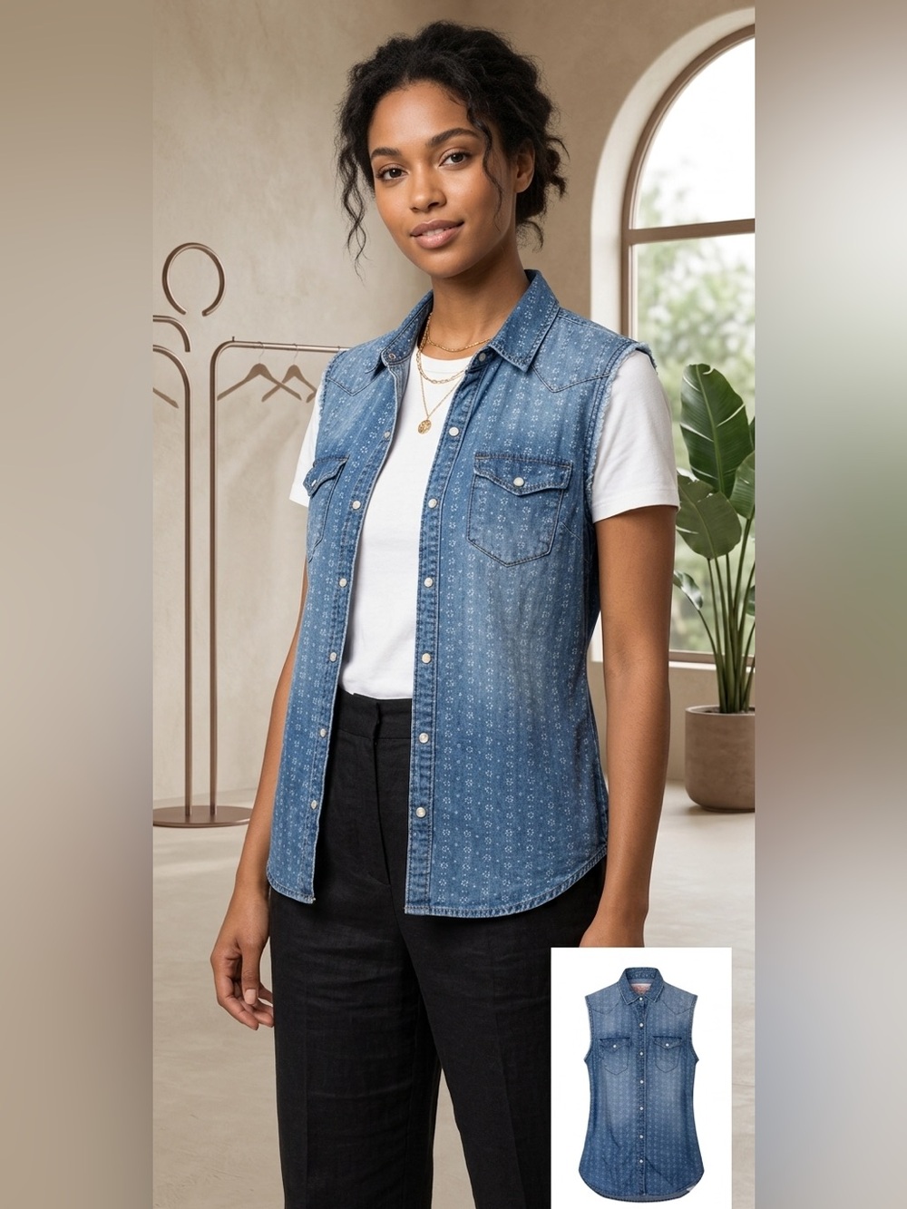 True Religion Georgia Printed Denim Sleeveless Shirt Women’s Large